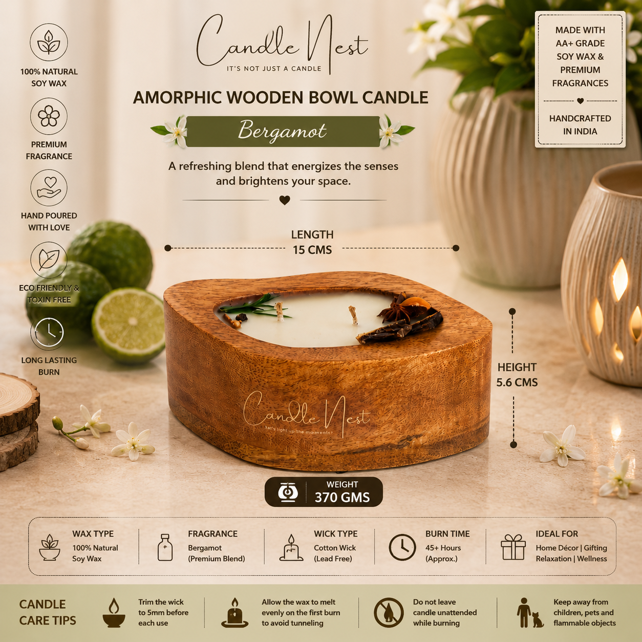 Amorphic Wooden Bowl Candle - Bergamot