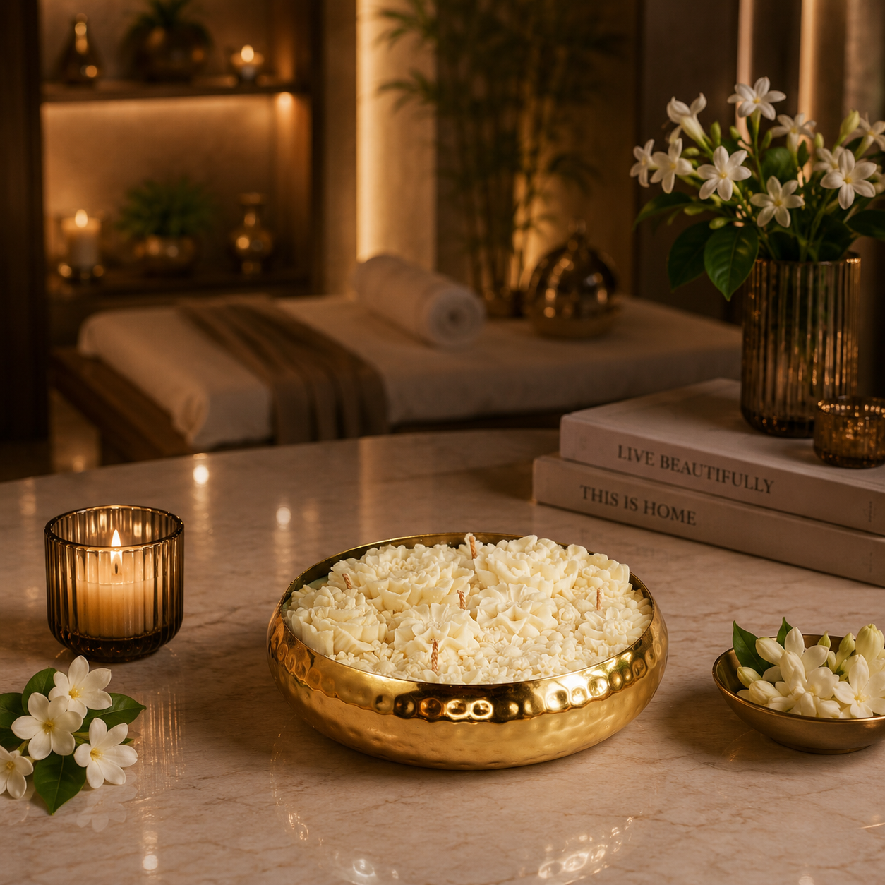 Hammered Golden Glimmer  Urli Candle - Ethereal Jasmine