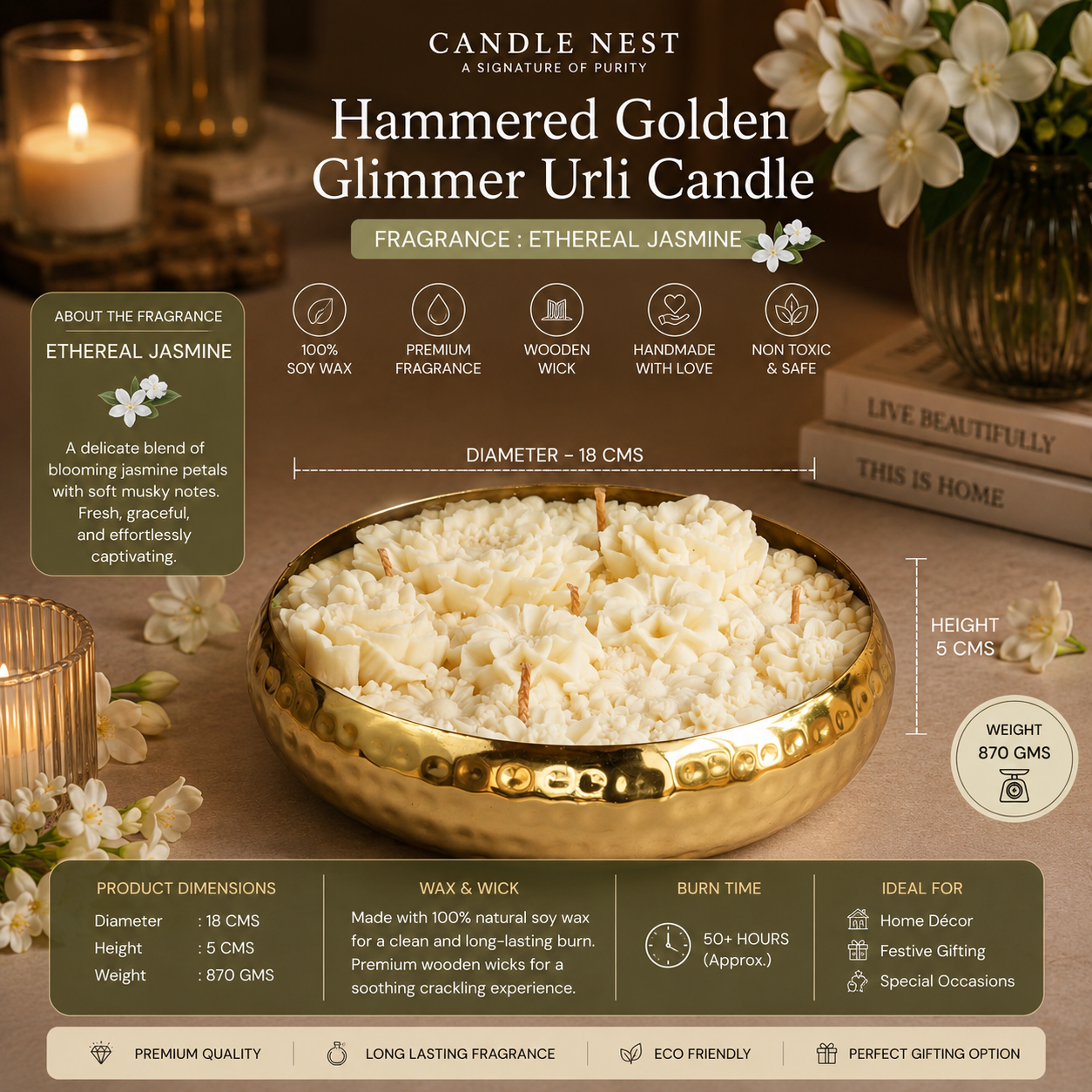 Hammered Golden Glimmer  Urli Candle - Ethereal Jasmine