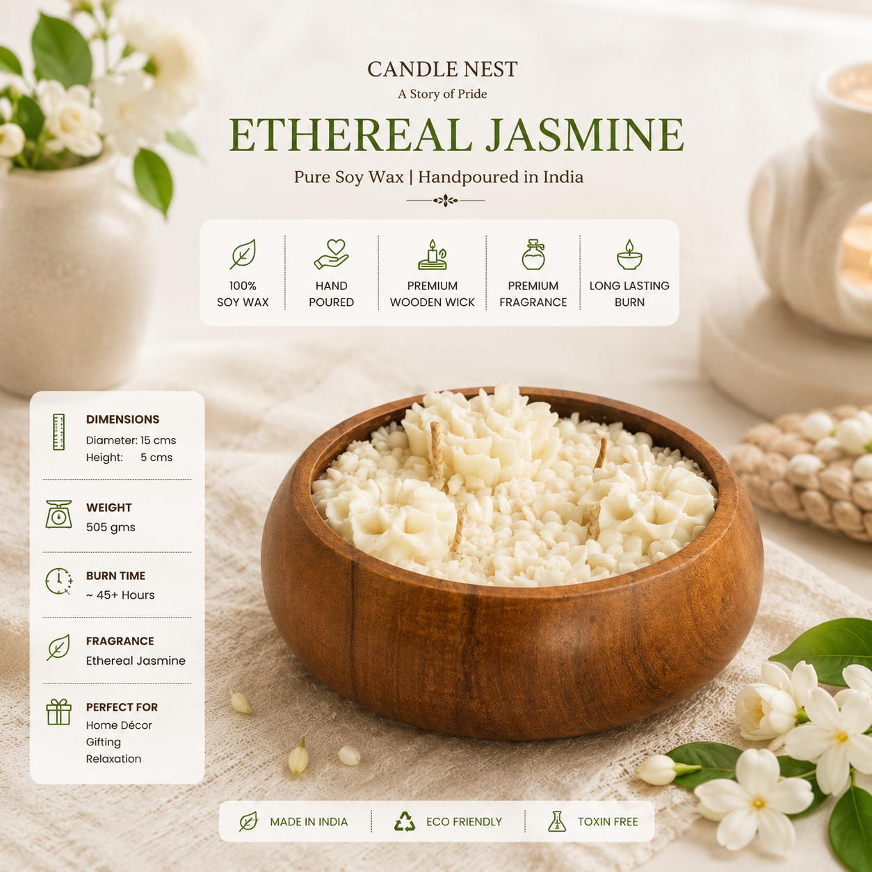 Luxe Wooden Bowl Candle - Ethereal Jasmine