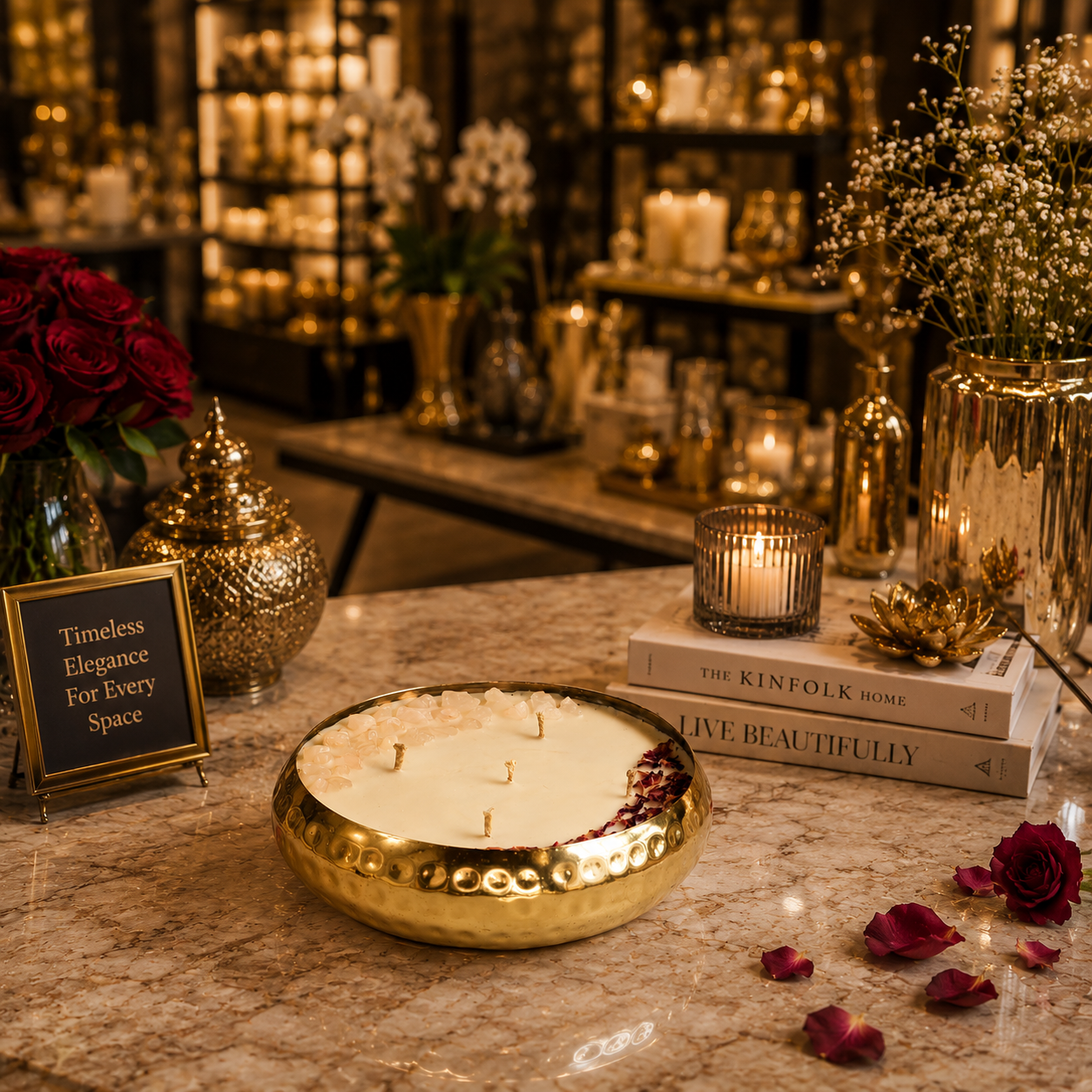 Hammered Golden Glimmer  Urli Candle - Imperial Rose