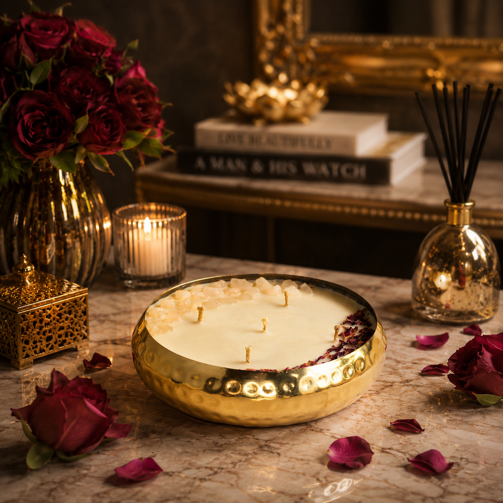 Hammered Golden Glimmer  Urli Candle - Imperial Rose
