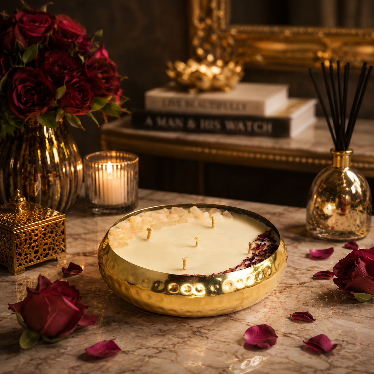 Hammered Golden Glimmer  Urli Candle - Imperial Rose