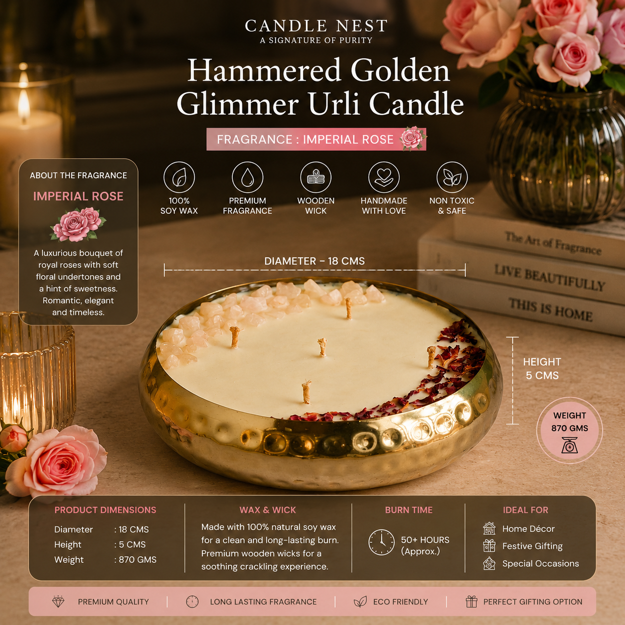 Hammered Golden Glimmer  Urli Candle - Imperial Rose
