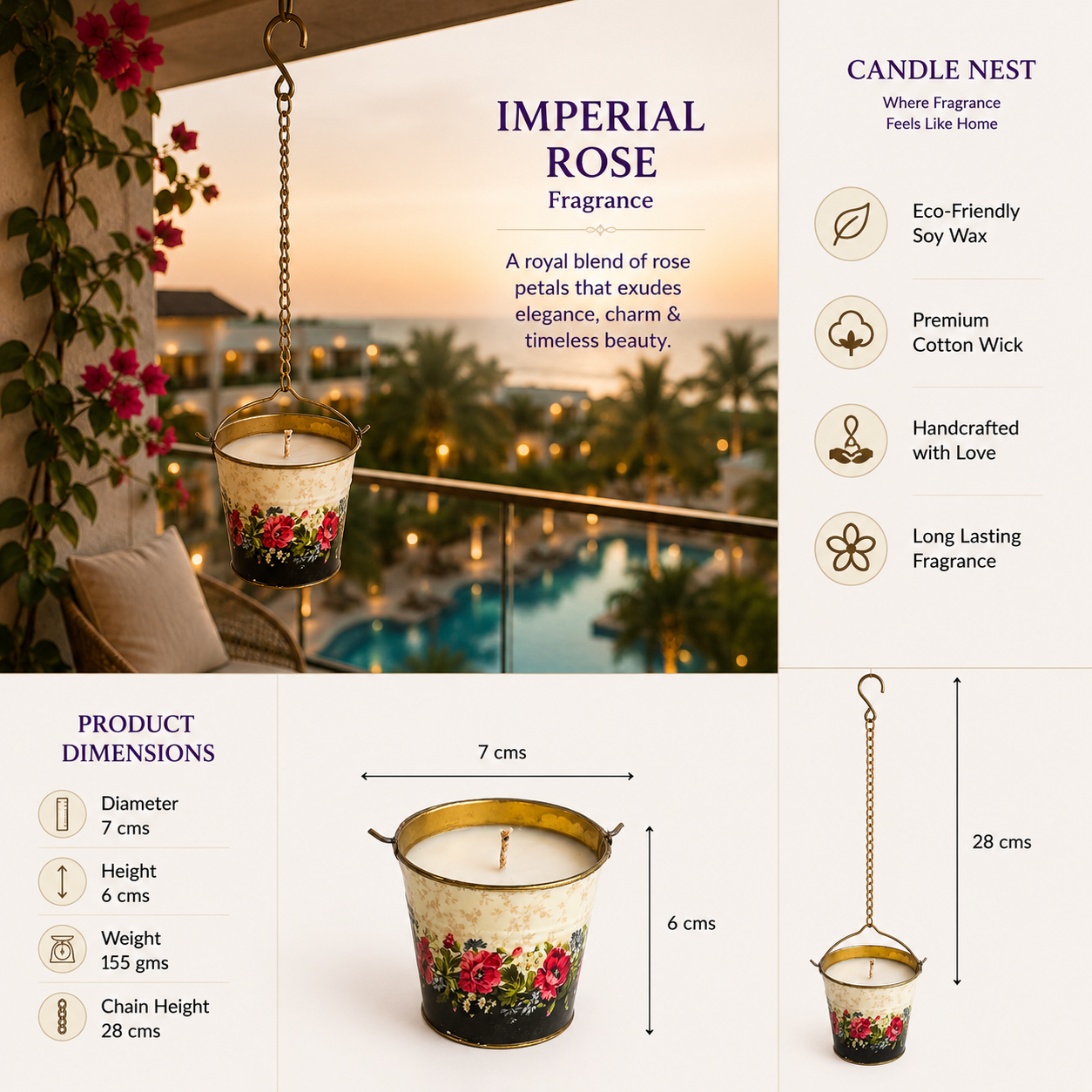 Hanging Bucket Candle - Imperial Rose