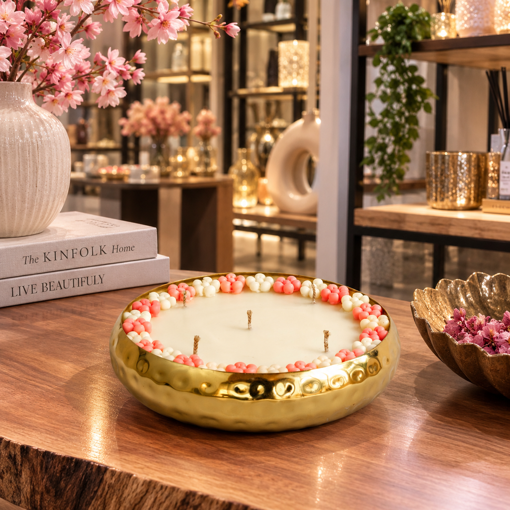 Hammered Golden Glimmer  Urli Candle - Japanese Cherry