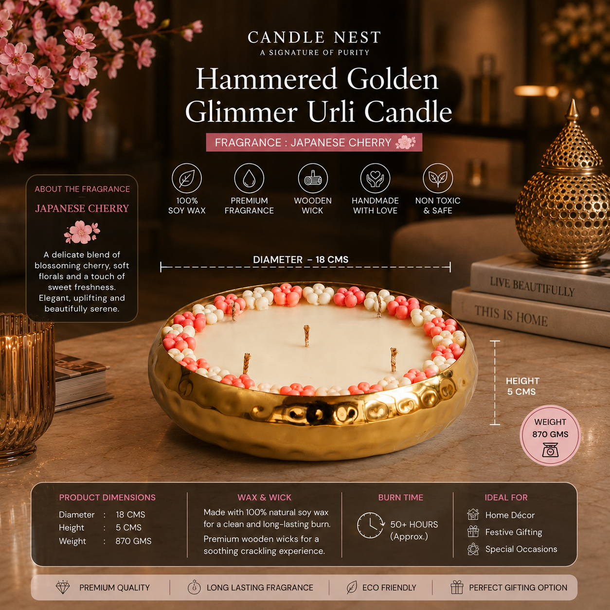 Hammered Golden Glimmer  Urli Candle - Japanese Cherry