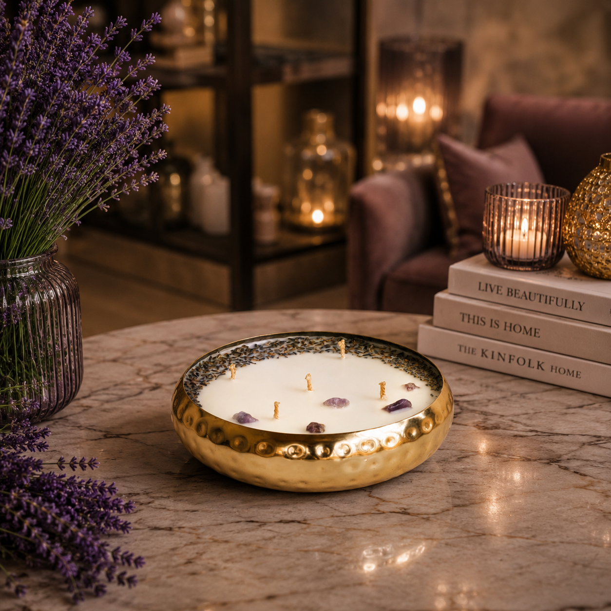 Hammered Golden Glimmer  Urli Candle - Lavender Meadow