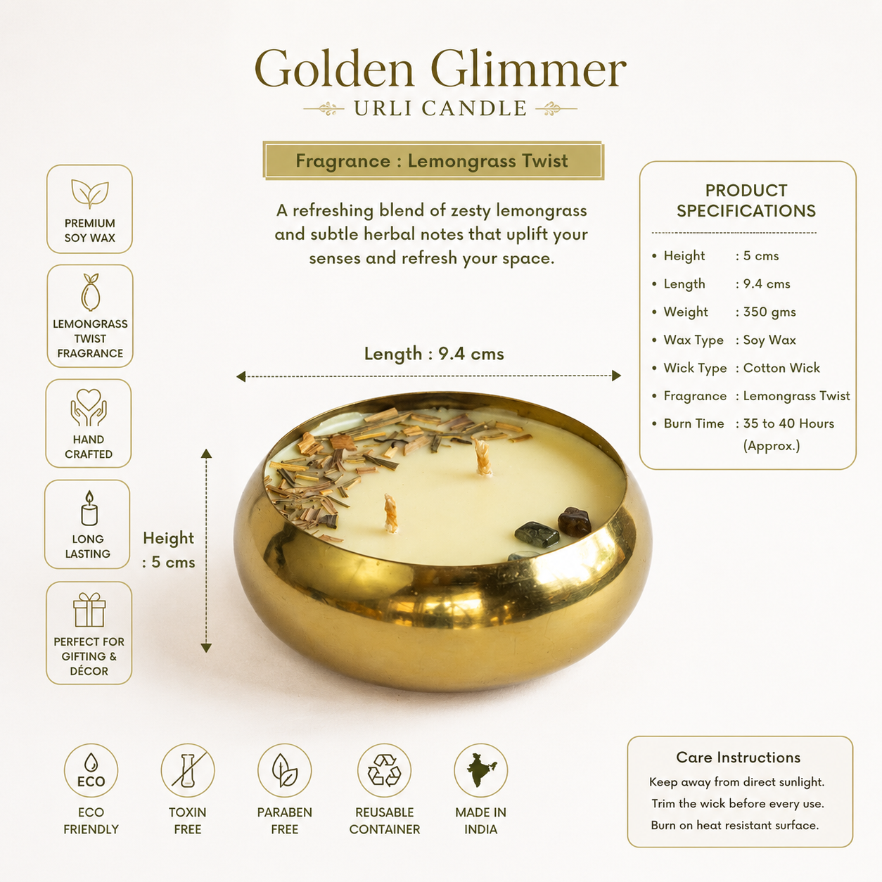 Golden Glimmer Urli Candle - Lemongrass Twist