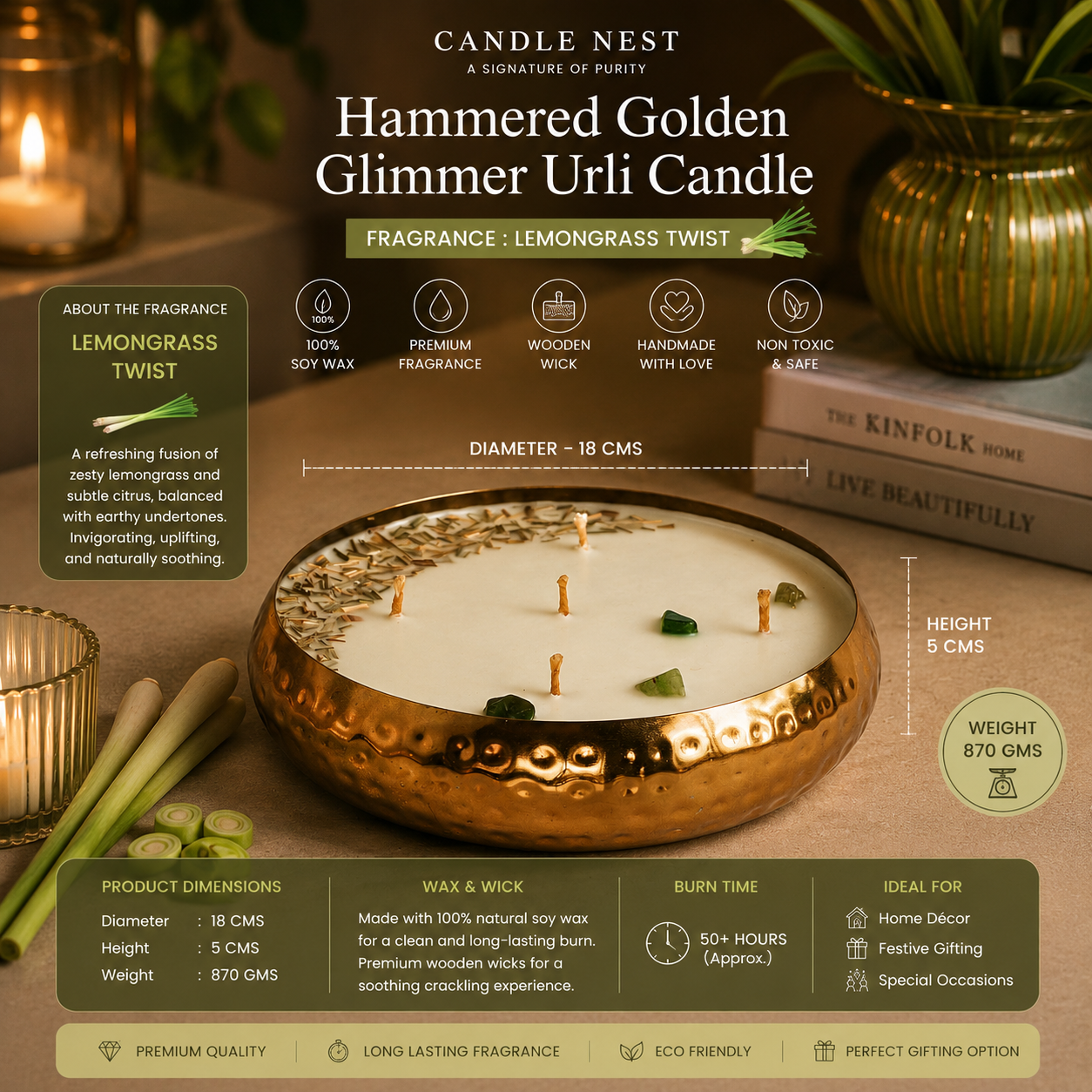 Hammered Golden Glimmer  Urli Candle - Lemongrass Twist