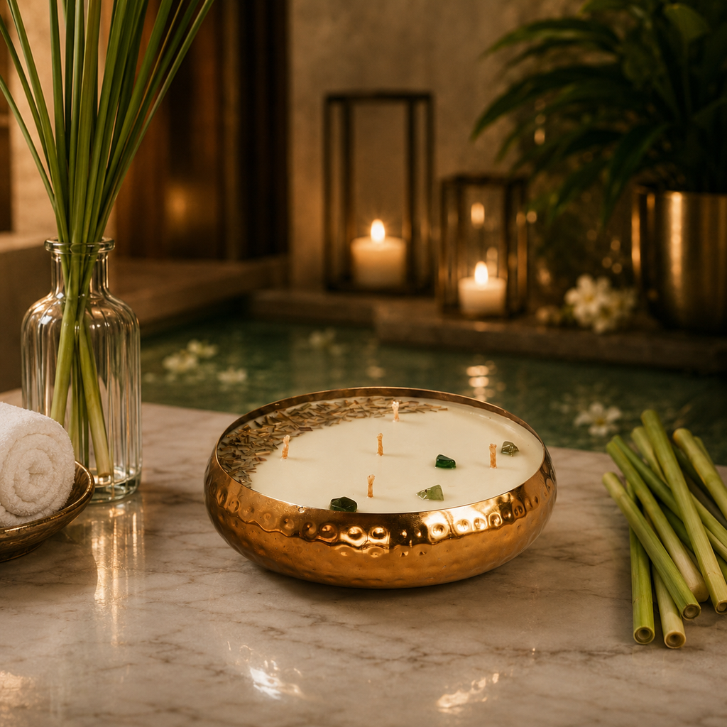 Hammered Golden Glimmer  Urli Candle - Lemongrass Twist