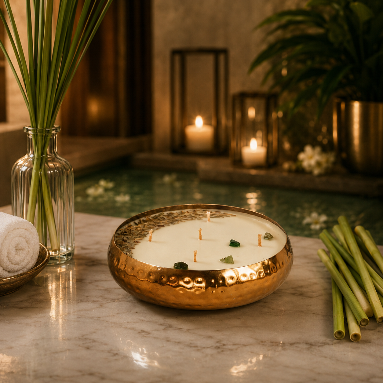 Hammered Golden Glimmer  Urli Candle - Lemongrass Twist