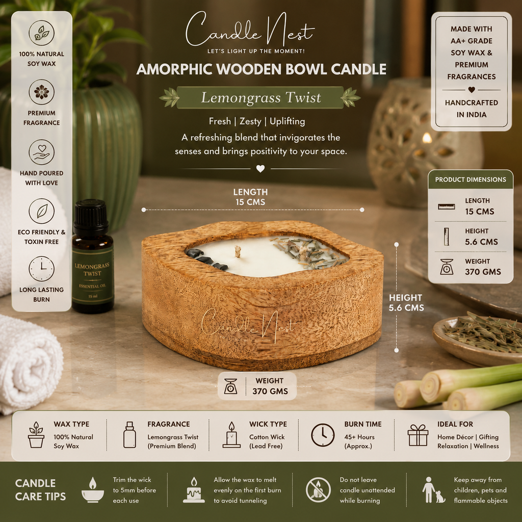 Amorphic Wooden Bowl Candle - Lemongrass Twist