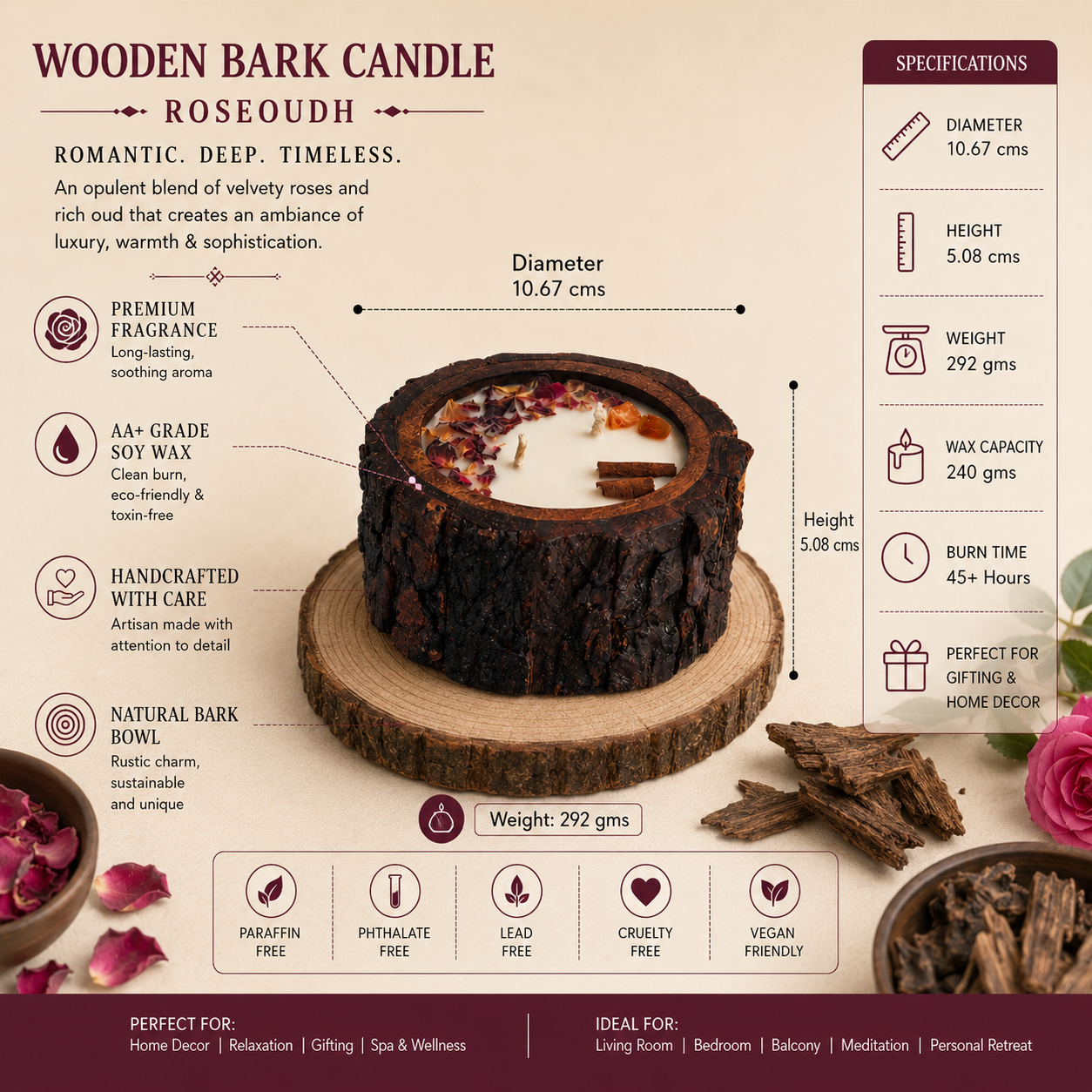 Wooden Bark Candles - Rose Oudh