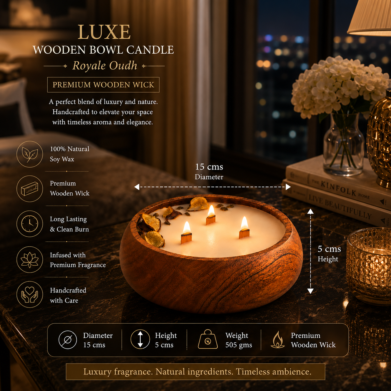 Luxe Wooden Bowl Candle - Oudh Royale