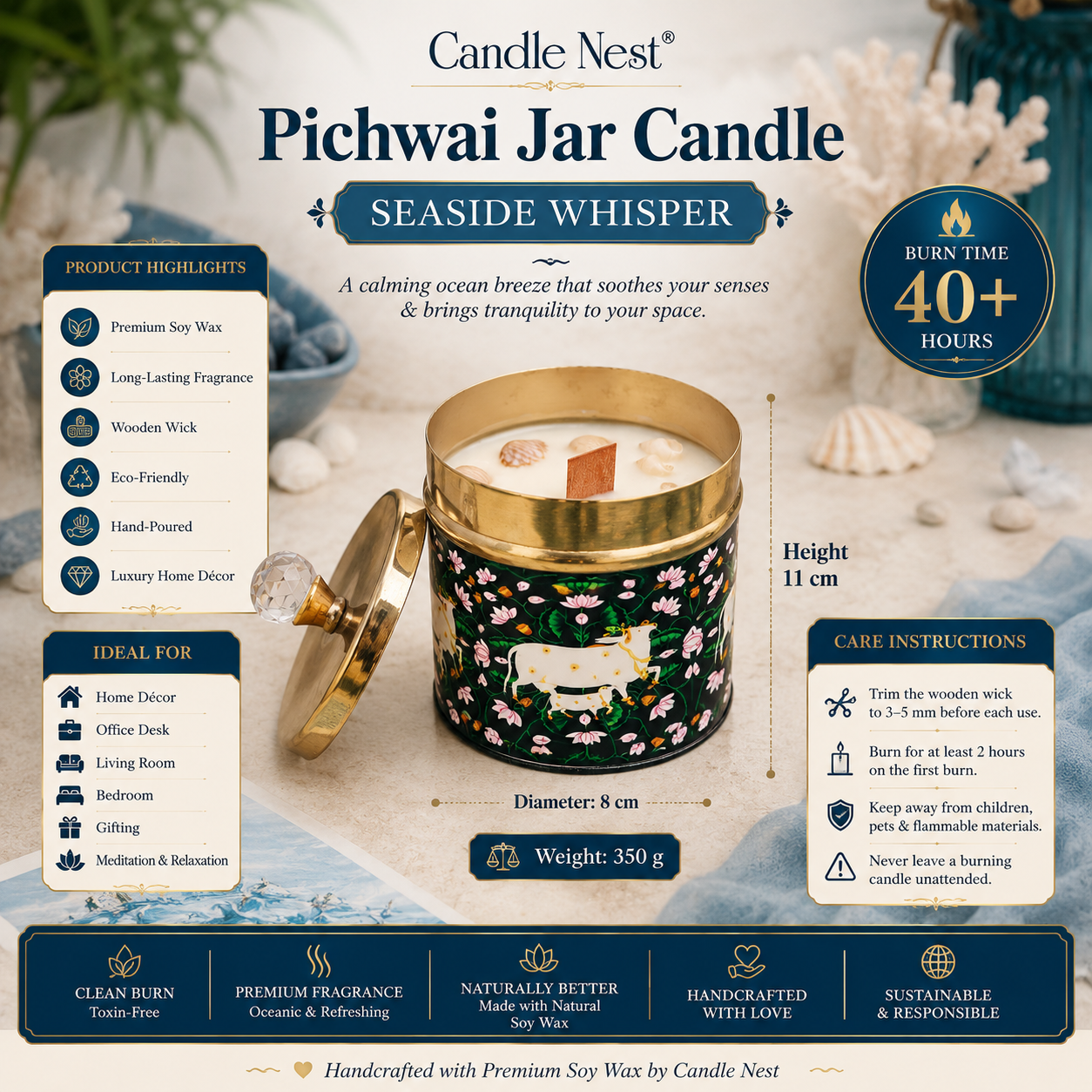 Black- Pichwai Jar Candle - Seaside Whisper