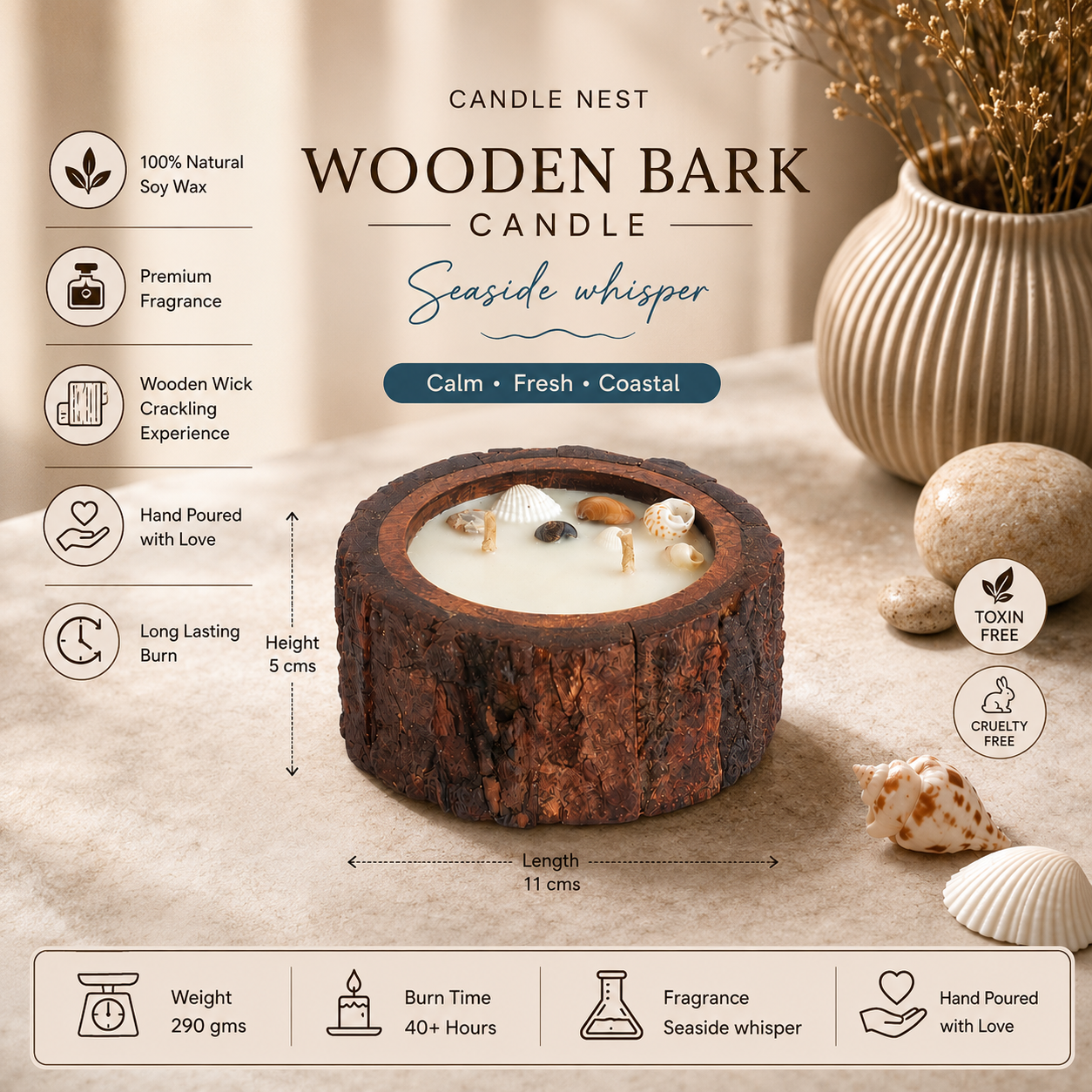 Wooden Bark Candles - Seaside Whisper