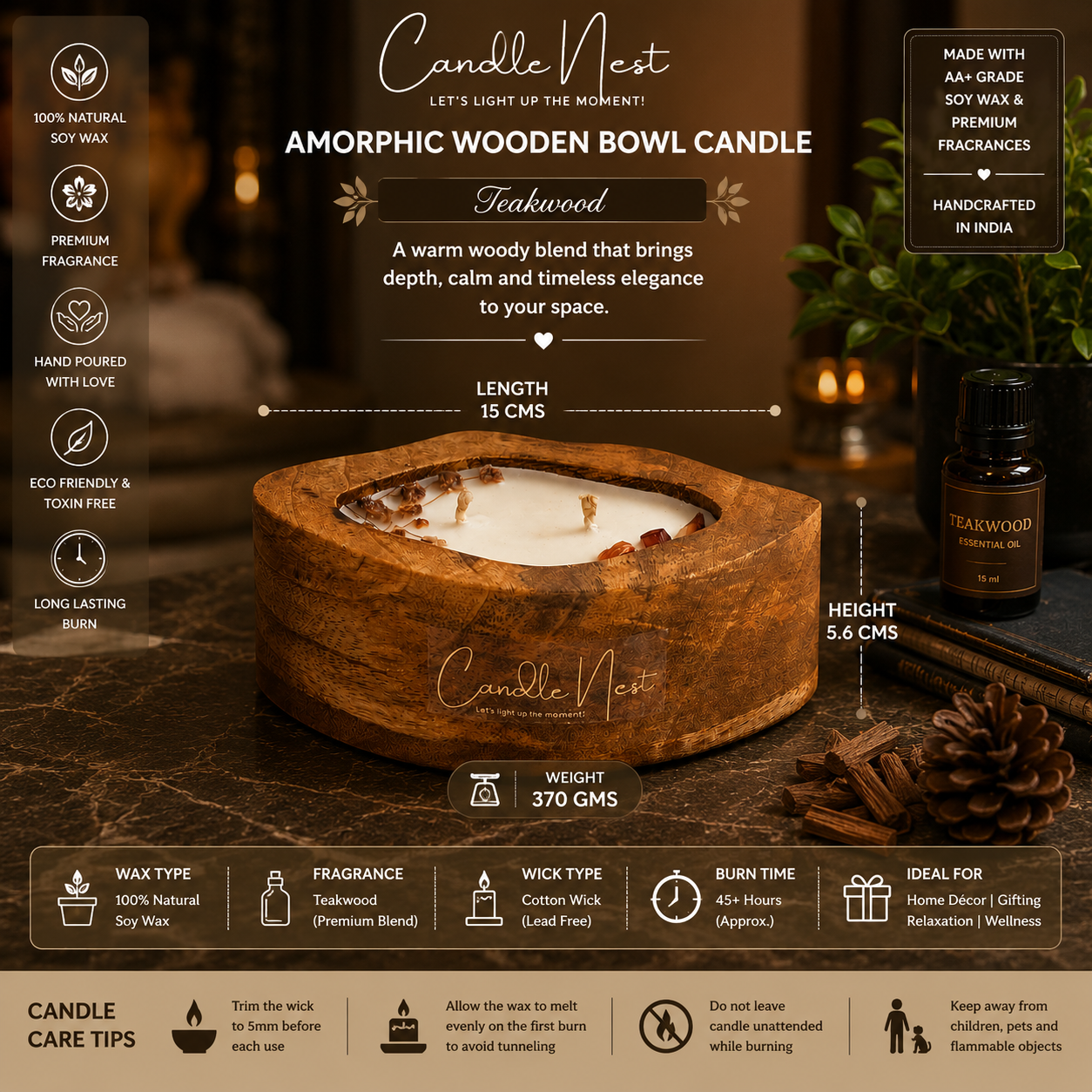 Amorphic Wooden Bowl Candle - Teakwood