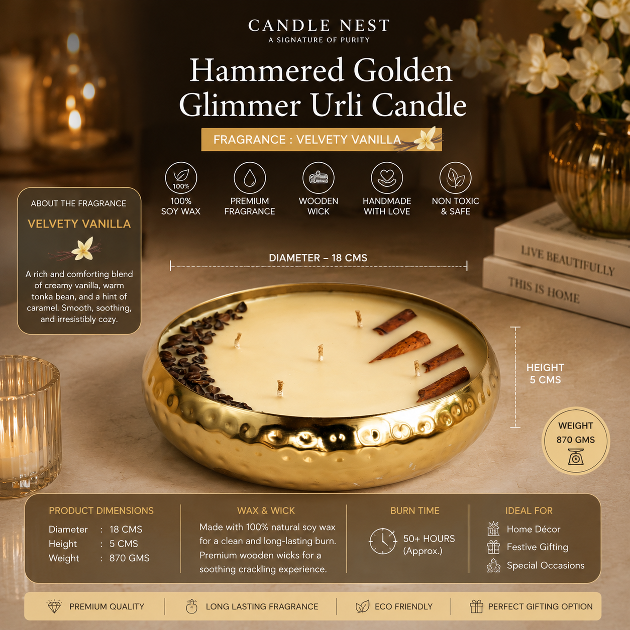 Hammered Golden Glimmer  Urli Candle - Velvety Vanilla