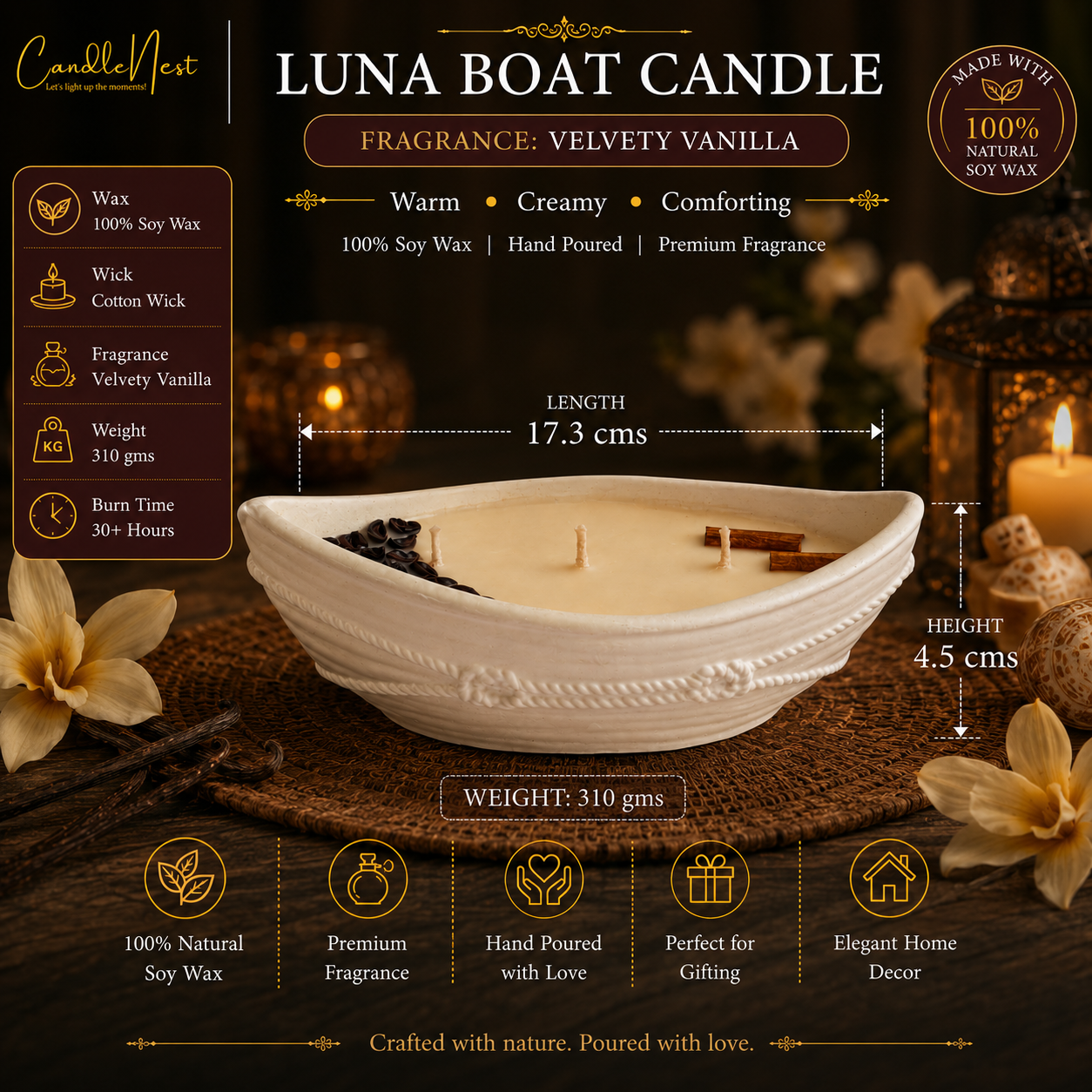 Luna Boat Candle - Velvety Vanilla