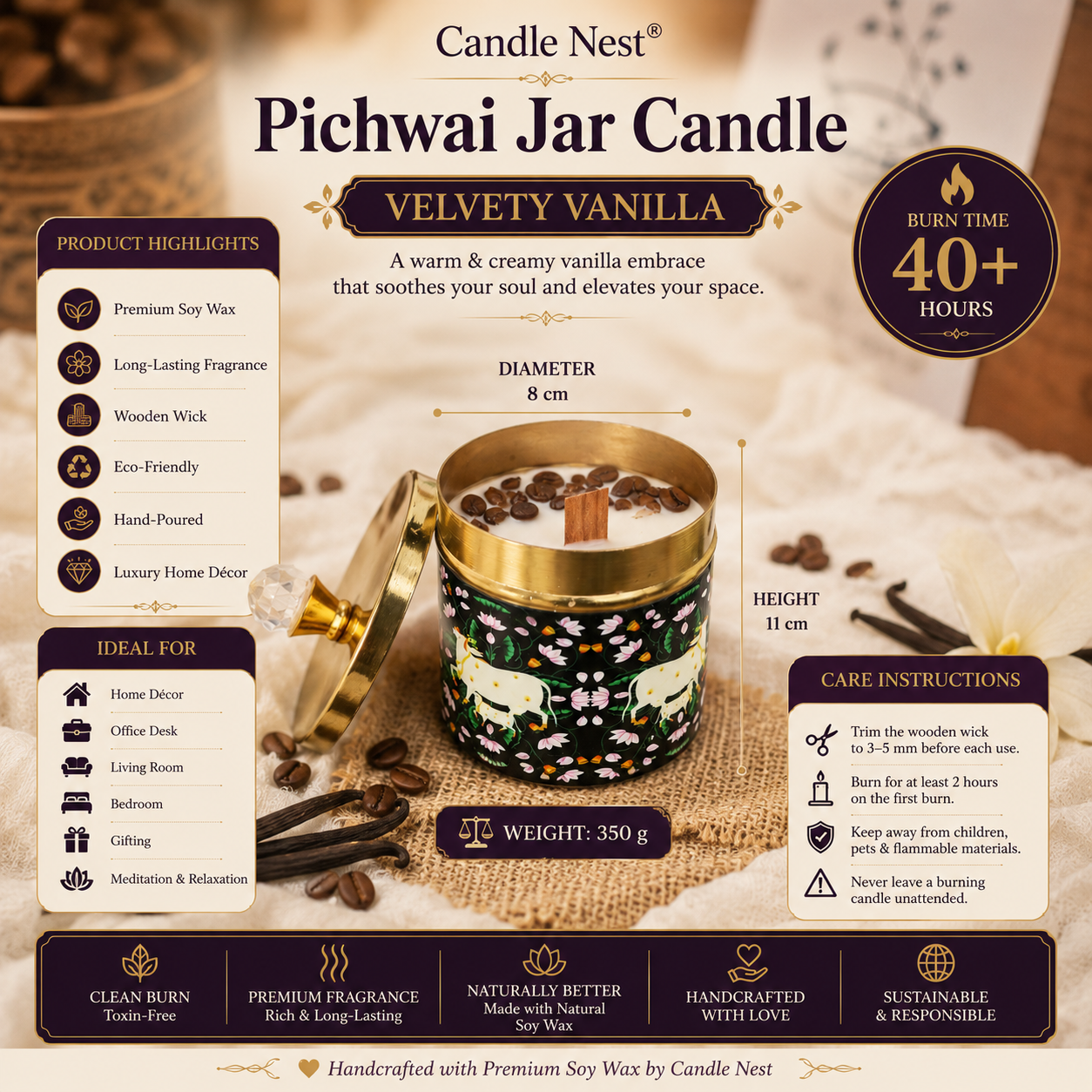 Black- Pichwai Jar Candle - Velvety Vanilla